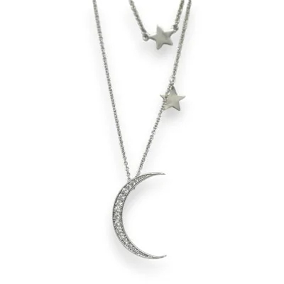 Colar fantasia prateado 2 fileiras estrelas e lua