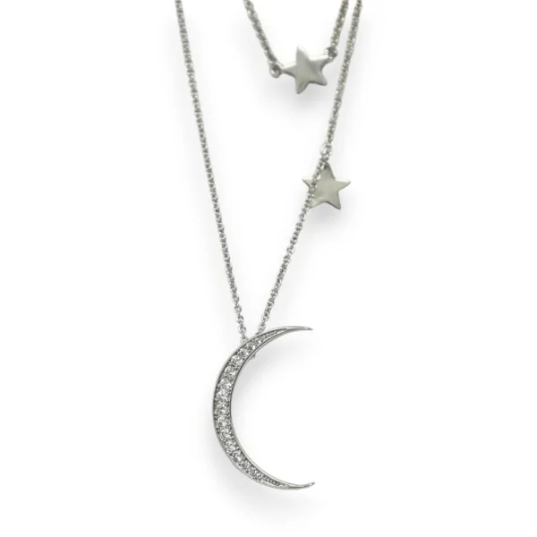Colar fantasia prateado 2 fileiras estrelas e lua