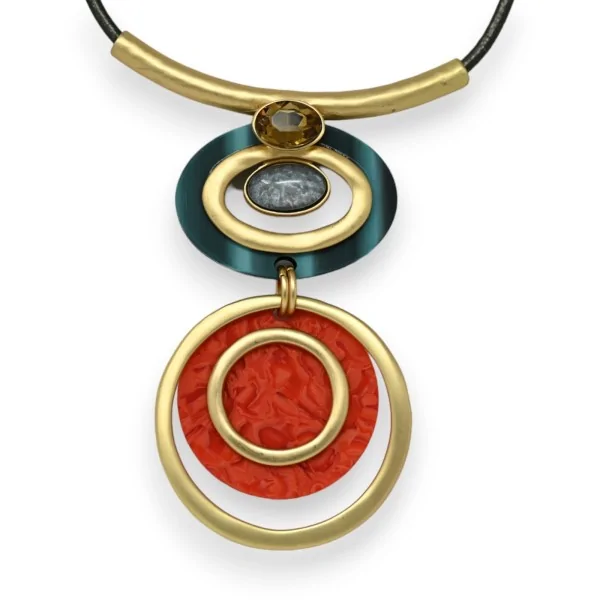Collana fantasia con doppio medaglione geometrico arancione e blu