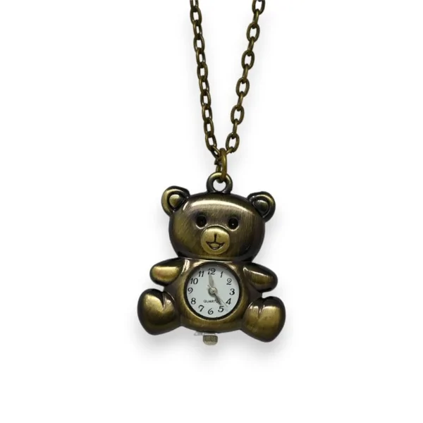 Collar de fantasía de metal envejecido con osito de peluche y reloj