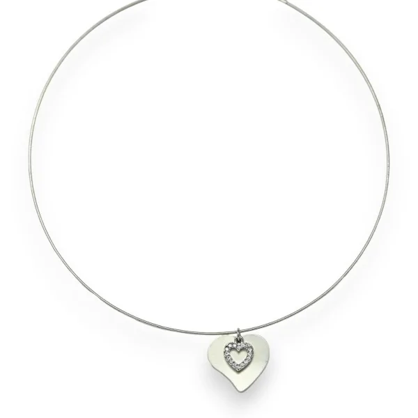 Silver-plated choker necklace with double heart pendant