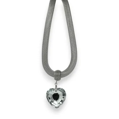 Silver-plated costume necklace with large faceted shiny heart