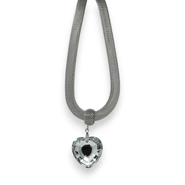 Silver-plated costume necklace with large faceted shiny heart