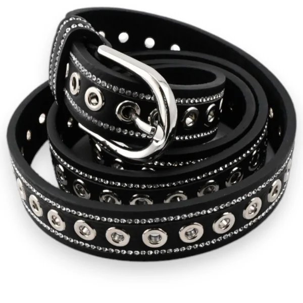 Black studded and rhinestone-embellished belt for women