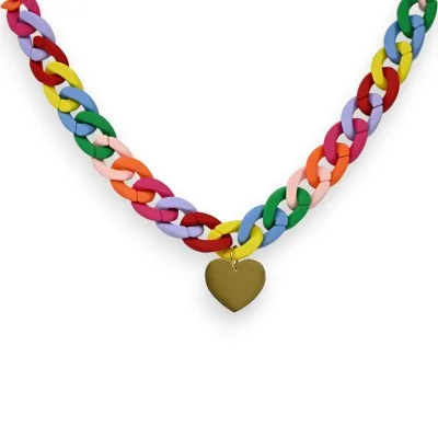 Collana fantasia con catena di plastica multicolore e cuore dorato