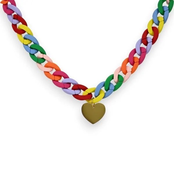 Collar de fantasía con cadena de plástico multicolor y corazón dorado