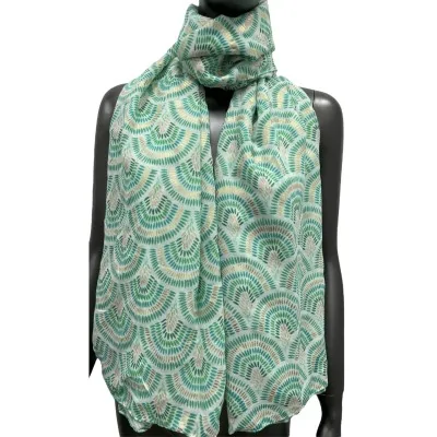 Fan pattern scarf in shades of green adorned with gold details