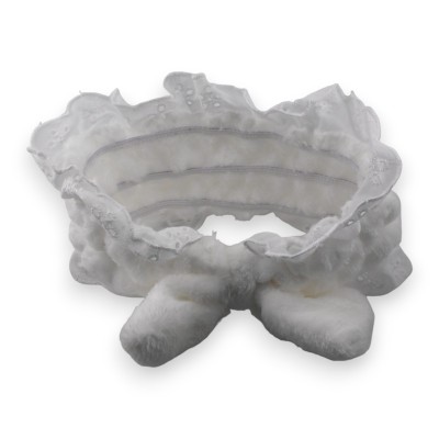 All-white plush spa headband with white eyelet broderie anglaise ruffle and white plush bow