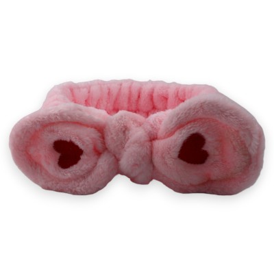 Diadema spa peluche rosa intenso con gran lazo y corazón rojo bordado en cada bucle