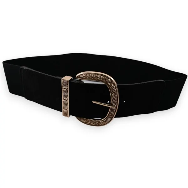 Cinto elástico feminino com fivela dourada preta