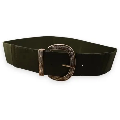 Cinto elástico feminino decorativo com fivela dourada verde-oliva