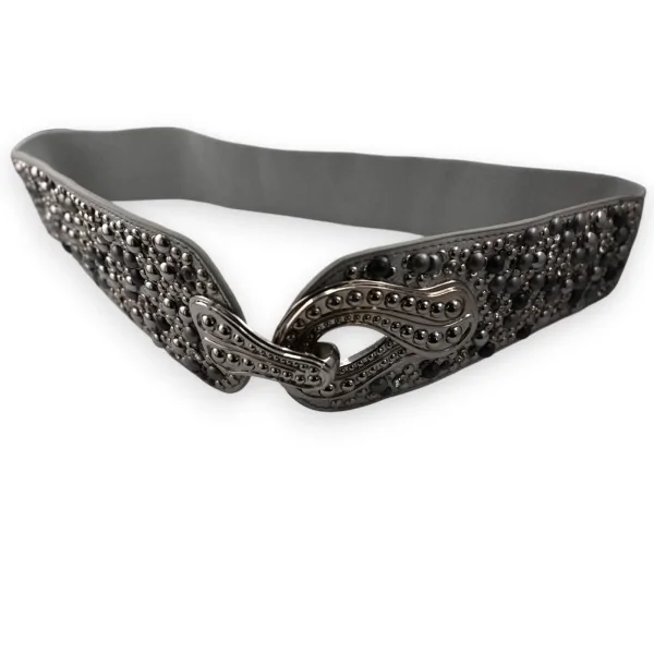 Elastic fancy women's belt with silver studs and rivets, grey