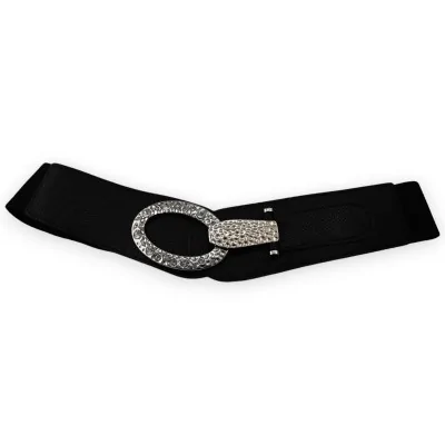 Cinto elástico feminino preto com fivela prateada