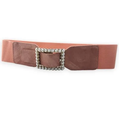 Fancy elastic women's belt in old pink with pearl buckle