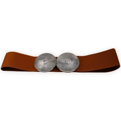 Cinturón elástico para mujer marrón con hebilla de metal plateado envejecido en relieve