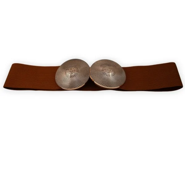 Cintura elastica decorativa da donna marrone con fibbia dorata invecchiata in rilievo