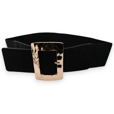 Fancy black elastic women's belt with large gold buckle