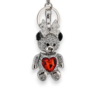 Llavero plateado osito niña corazón rojo