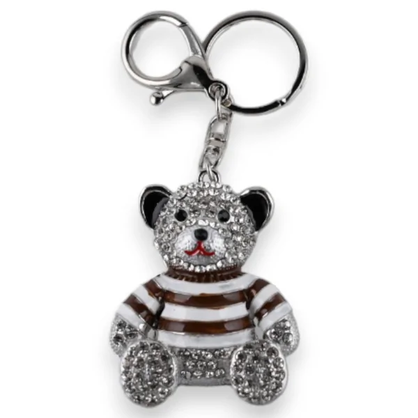 Silver keychain with teddy bear in brown striped jersey