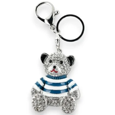 Llavero plateado osito de peluche con camiseta a rayas azul pato