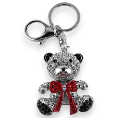 Silberner Schlüsselanhänger Teddybär mit roter Schleife