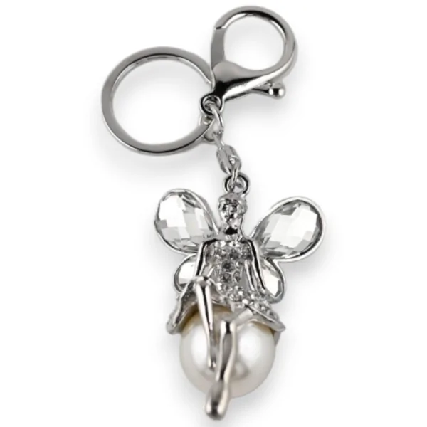Chaveiro prateado de fada com strass branco