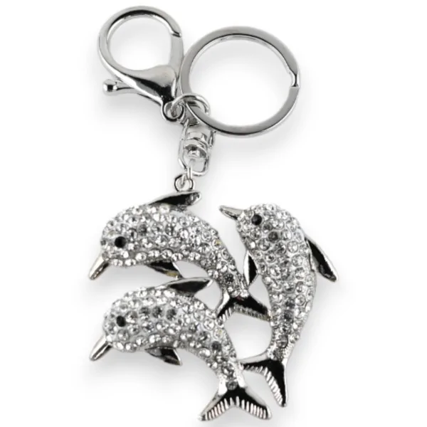 Portachiavi argentato a forma di delfino con strass