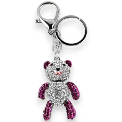 Schlüsselanhänger silberfarben mit weißem Teddybär und fuchsiafarbenen Strasssteinen