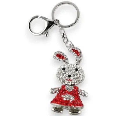 Schlüsselanhänger silberfarben kleines Kaninchen rot und weiß mit Strass