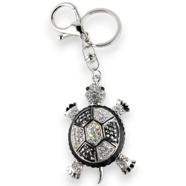 Portachiavi argentato tartaruga con strass bianco e nero