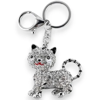 Chaveiro prateado de gato com strass listrado preto