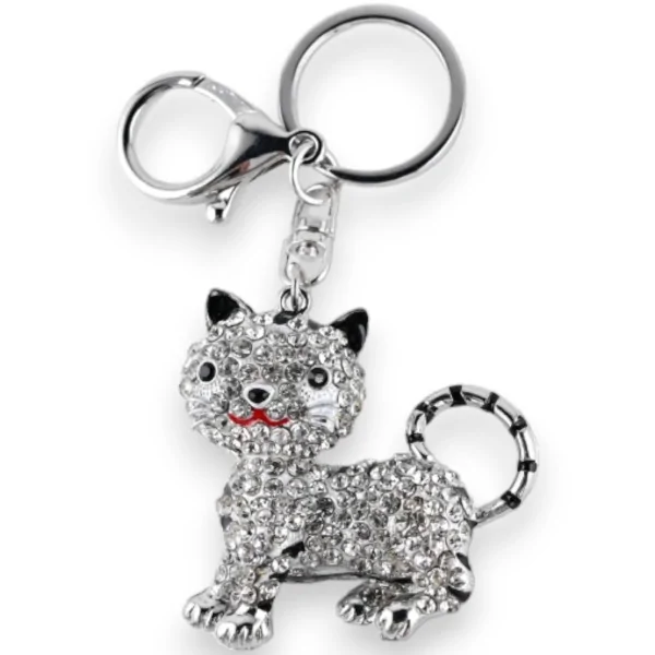 Portachiavi argentato gatto strass tigrato nero