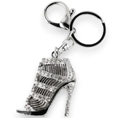 Silver keychain with high heel shoe, flowers and rhinestones