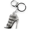 Silver keychain with high heel shoe, flowers and rhinestones