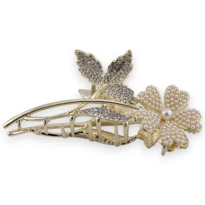 Presilha de cabelo dourada com flor em haste de pérola e strass