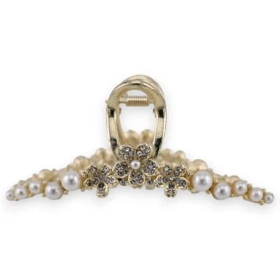 Golden hair clip with 3 rhinestone flowers