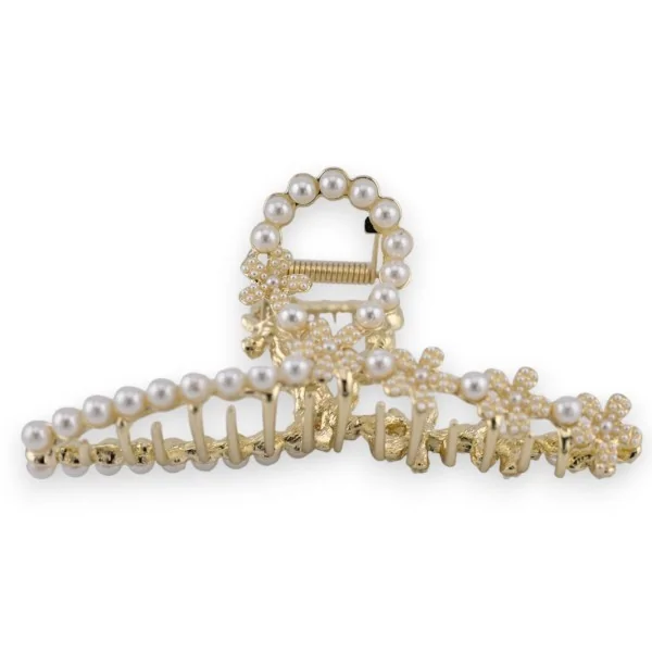 Goldene Haarspange mit Blumen und cremefarbenen Perlen
