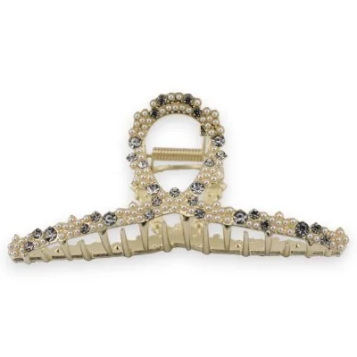 Fermaglio per capelli dorato con perle e strass bianchi
