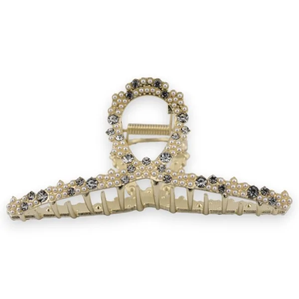 Presilha de cabelo dourada com pérolas e strass branco