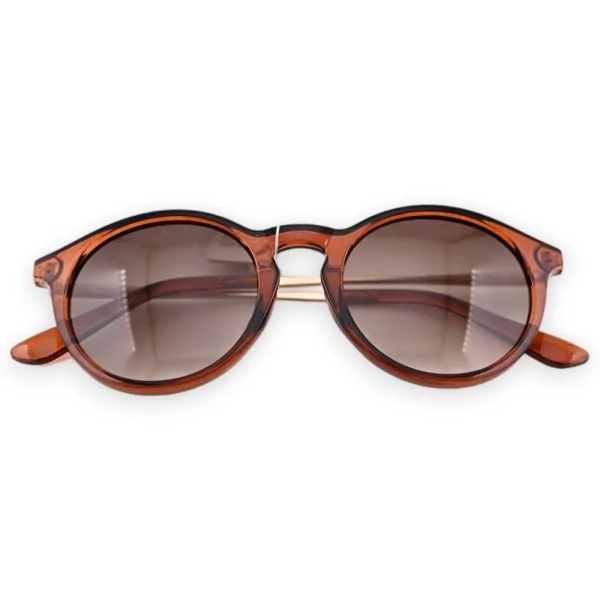 Round gold-colored glasses with translucent brown plastic frames