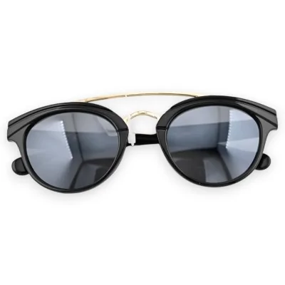 Round designer glasses with black frame and gold crossbar