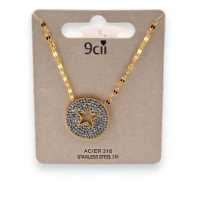 Colar de aço dourado com medalhão de strass e estrela vazada
