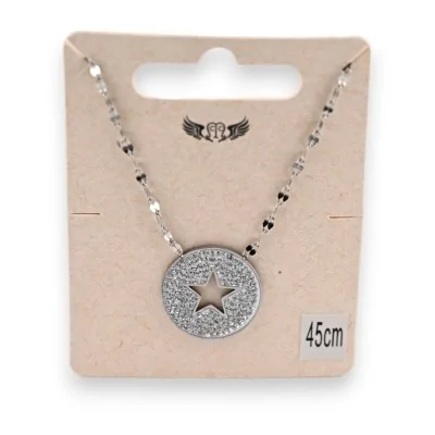Collar de acero plateado con medallón de estrás y estrella calada