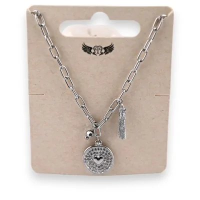 Silver-plated steel locket with rhinestones and small heart