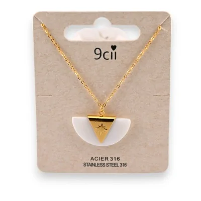 Collana in acciaio dorato con ventaglio vintage in madreperla bianca