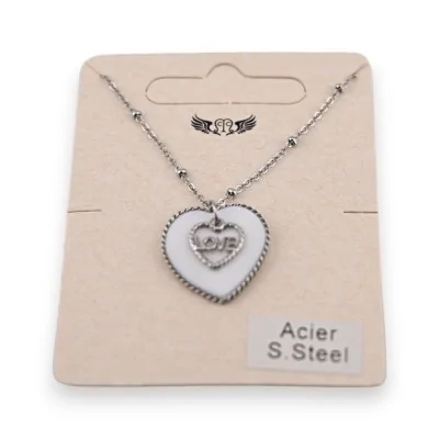Silver stainless steel necklace with mother-of-pearl double heart LOVE pendant