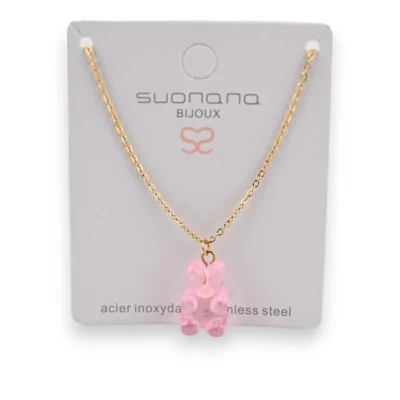 Colar de aço urso de pelúcia doce rosa translúcido