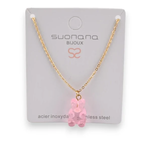 Steel necklace with translucent pink candy bear