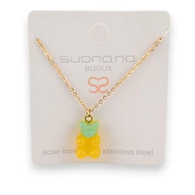 Collana in acciaio orsacchiotto caramella verde e giallo