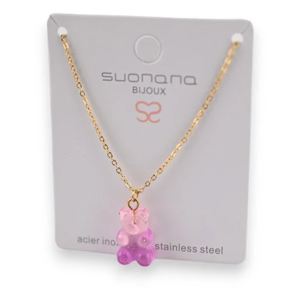 Steel necklace with pink and purple teddy bear candy charm